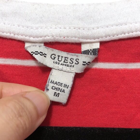 GUESS Red White Striped Logo Print Front Scoop Neck Short Sleeve Top M - Picture 3 of 6